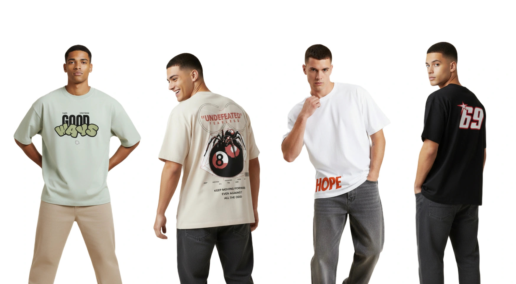 Men wearing different Clacs Oversized Tshirts on a white background