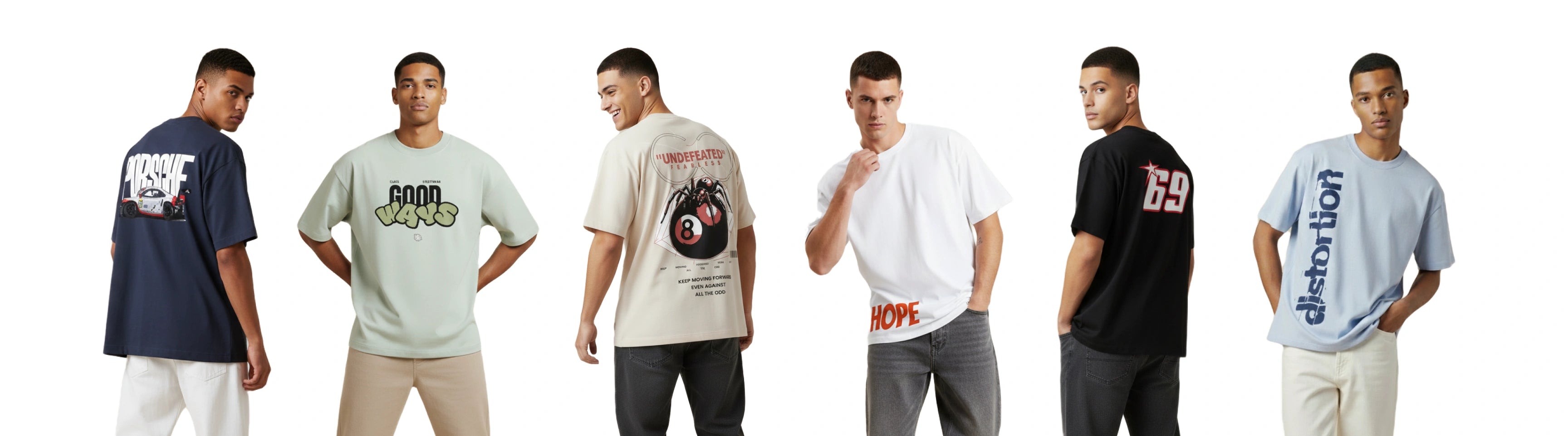 Men wearing various t-shirts with different designs on a white background