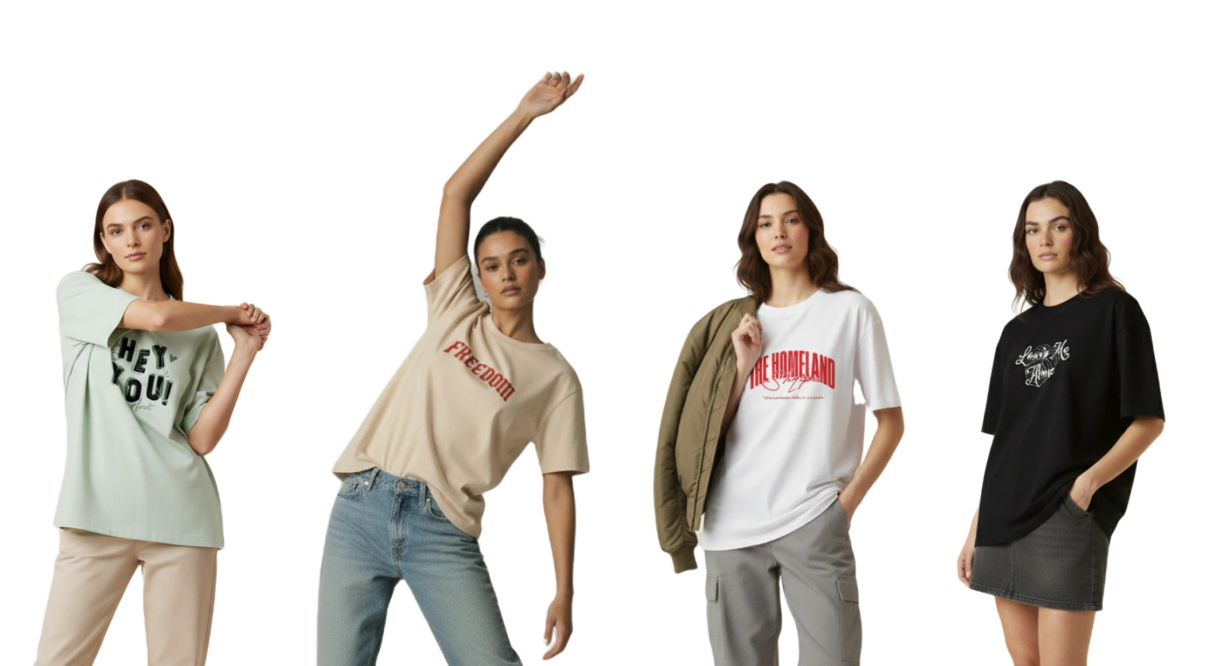 Four women wearing oversized t-shirts with various designs on a white background.